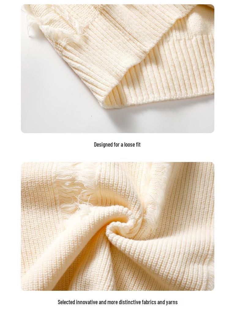 Unisex Fringe Textured Sweater, Loose Round Neck Knitwear - Japanese Lazy Style, Perfect for Autumn/Winter