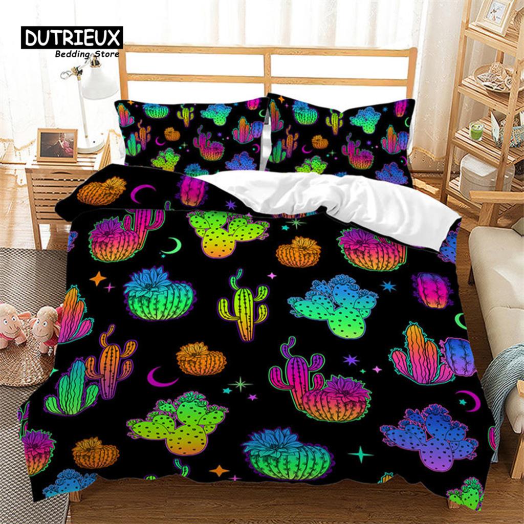 Cartoon Cactus Duvet Cover Spring Garden With Boho Style Bouquet of Thorny Plants Blossoms Decor 3 Piece Bedding Set Pillowcases