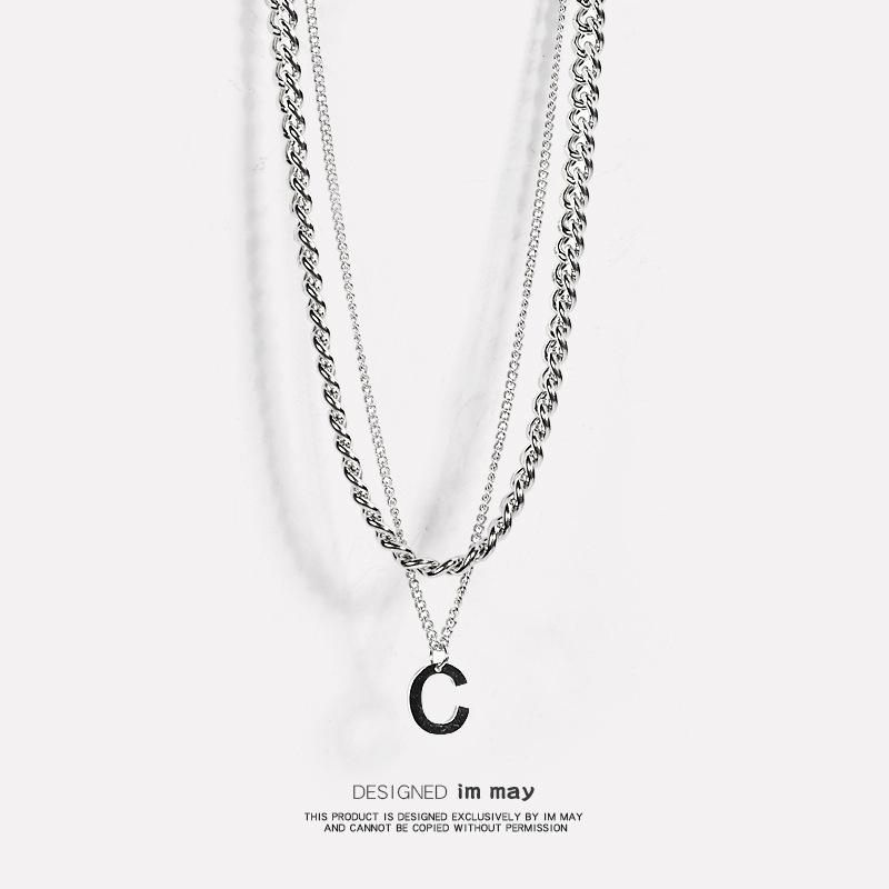 Titanium Steel Personalized Letter "W" Necklace - Double-layered and Layered with Sweater Chains. Stylish, Simple, Hip-hop, Cuban Style.