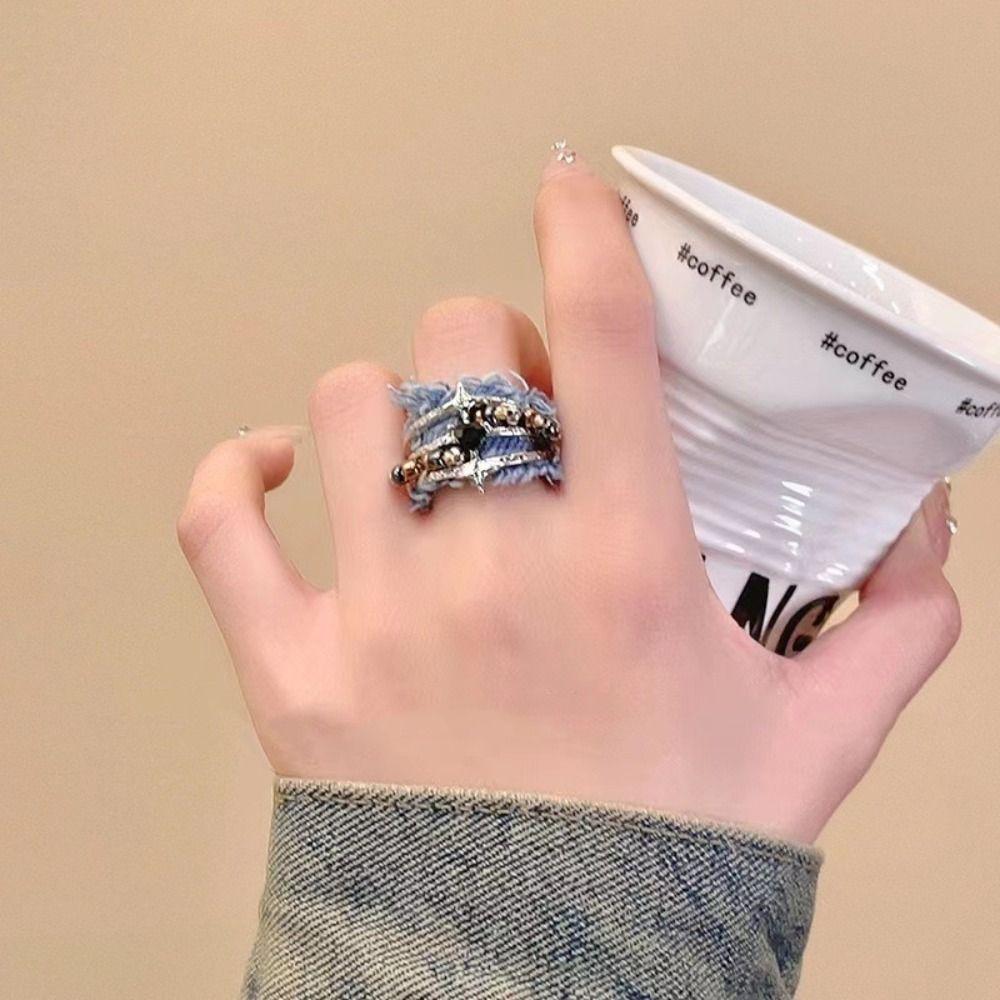 Star Y2K Opening Rings Heart Metal Beaded Rings Fashion Denim Rings Women