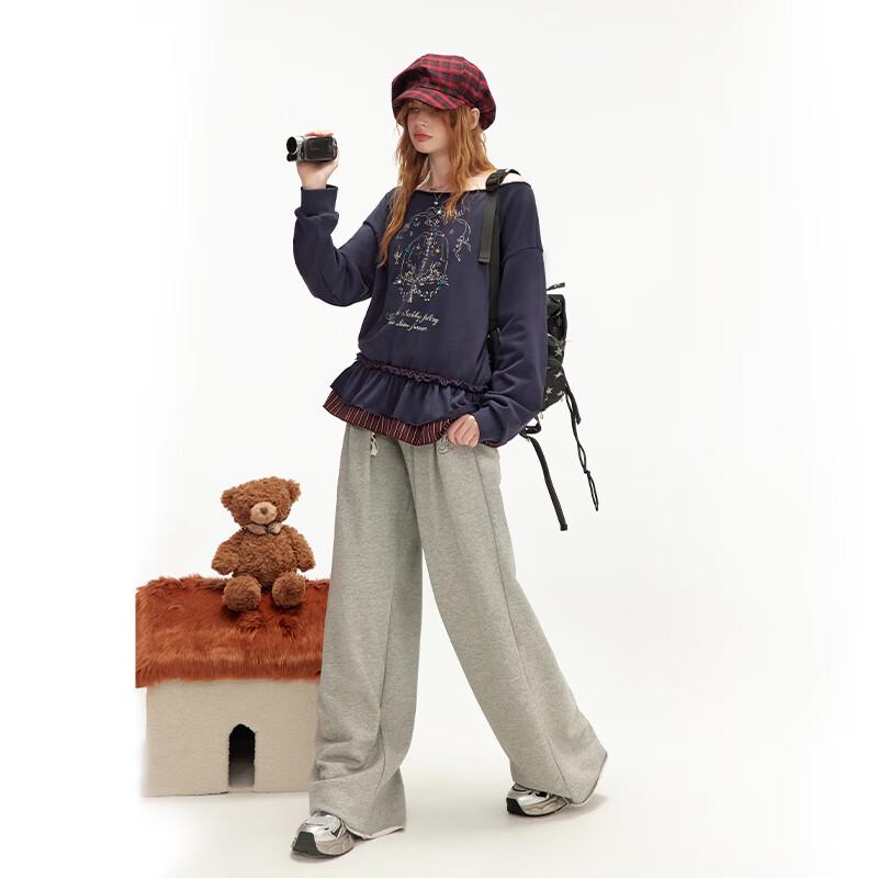 unifree 2025 Fall Korean Print Faux Two-Piece Sweatshirt