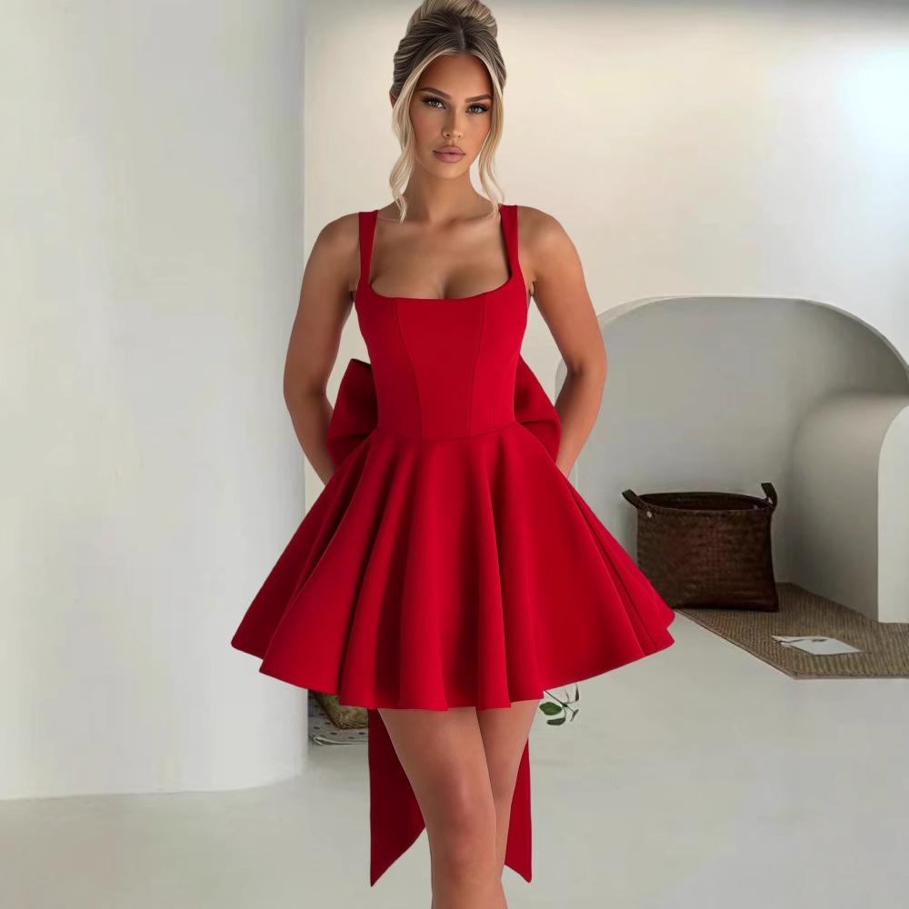 Sweet Spaghetti Strap Backless Dress with Large Bow - 2025 Spring Collection