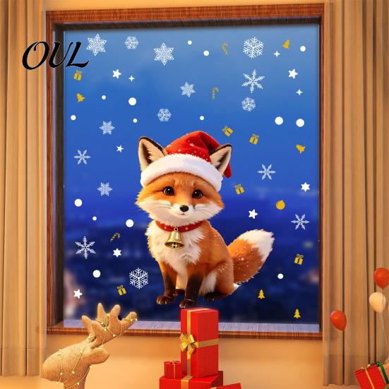 Creative Winter Theme Window Art Christmas Cute Fox Static Clings, Santa Hat Snowflake Gift Tree Easy Install Glass Decals Decals, Self-Adhesive