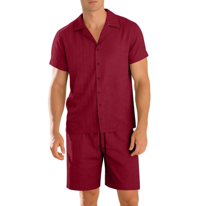Mens Casual Two Piece Outfit Textured Short Sleeve Cuban Collar Shirt And Drawstring Shorts Set