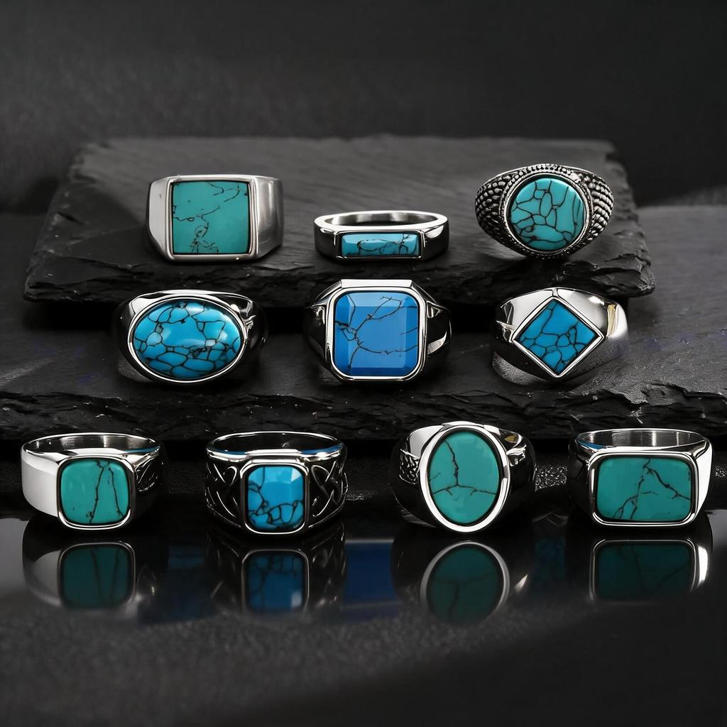 Stylish Natural Stone Turquoise Ring for Men,Waterproof Stainless Steel Signet Ring,Vintage Birthday Jewelry Gift for Him Dad
