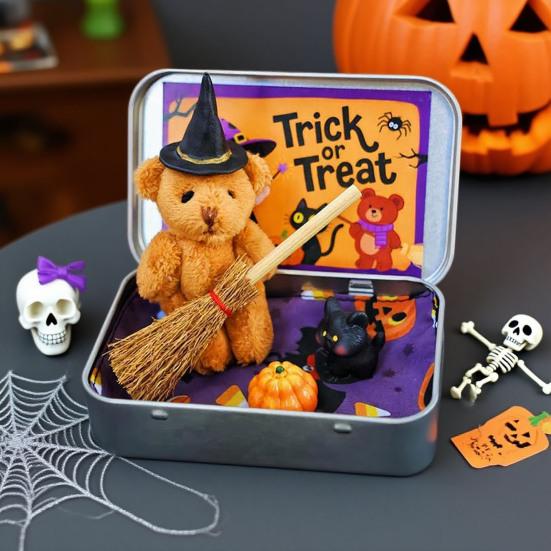 Halloween Bear In A Box Handmade Cute Witch Bear In A Tin for Trick or Treat Miniature Plush Bear with Broom Pumpkin Cat Halloween Party Gift