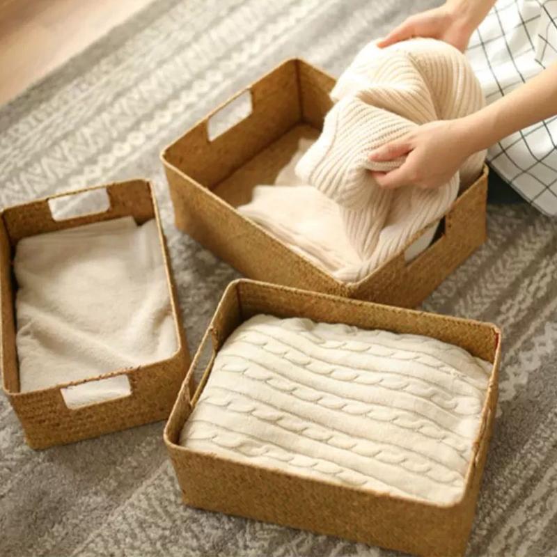 Rattan storage basket woven storage box with handle eco- Sundries organizer box Straw closet Wardrobe organizer Panier Rangement