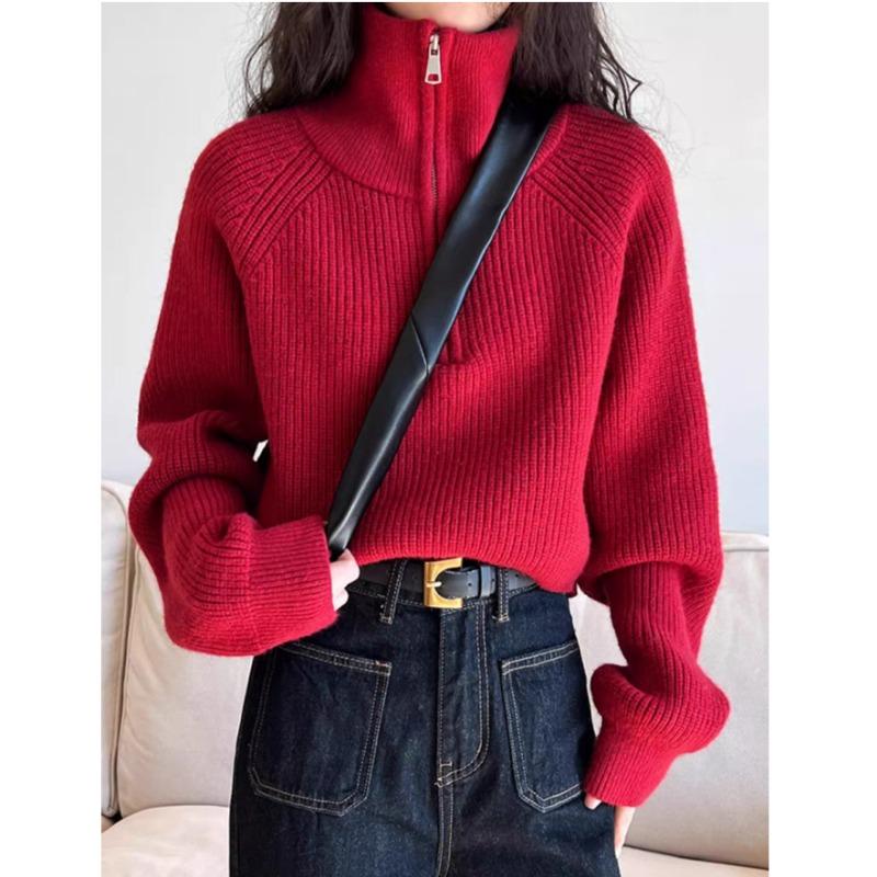 Design Sense Half-turtleneck Ladies Zipper Red Sweater, Spring and Autumn New High-waisted Sweater Loose and Thickened 6974#