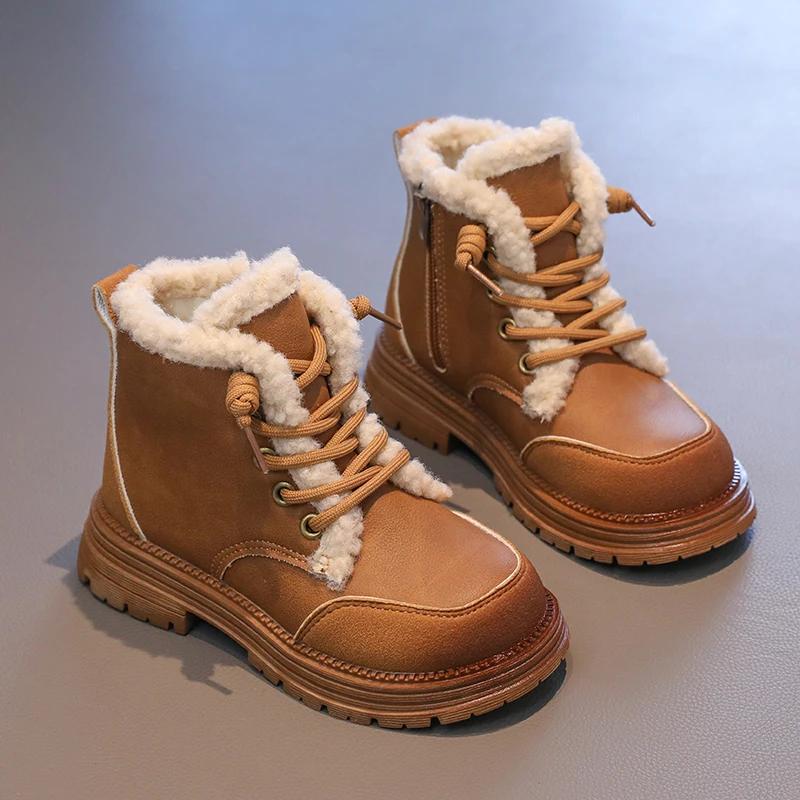 New Winter Girls Thick Bottom Boots Fashion Plush Versatile Children's Causal Cotton Boots Patchwork Round-toe Kids Ankle Boots
