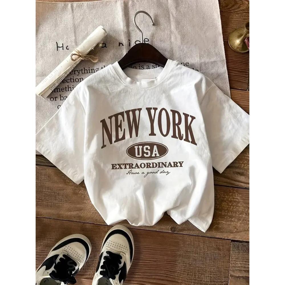 New York City Letter Printed T-shirt Fashion Casual T-shirt Pure Cotton Fun Women's Sports Top Creative Summer Women's T-shirt