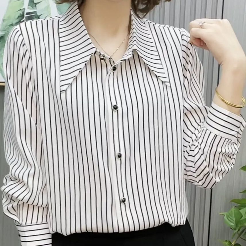 New Fashion Women's Stripe Shirt Spring/Summer Korean Long Sleeve Bottoming Blouse Turn Down Collar Top L-7XL