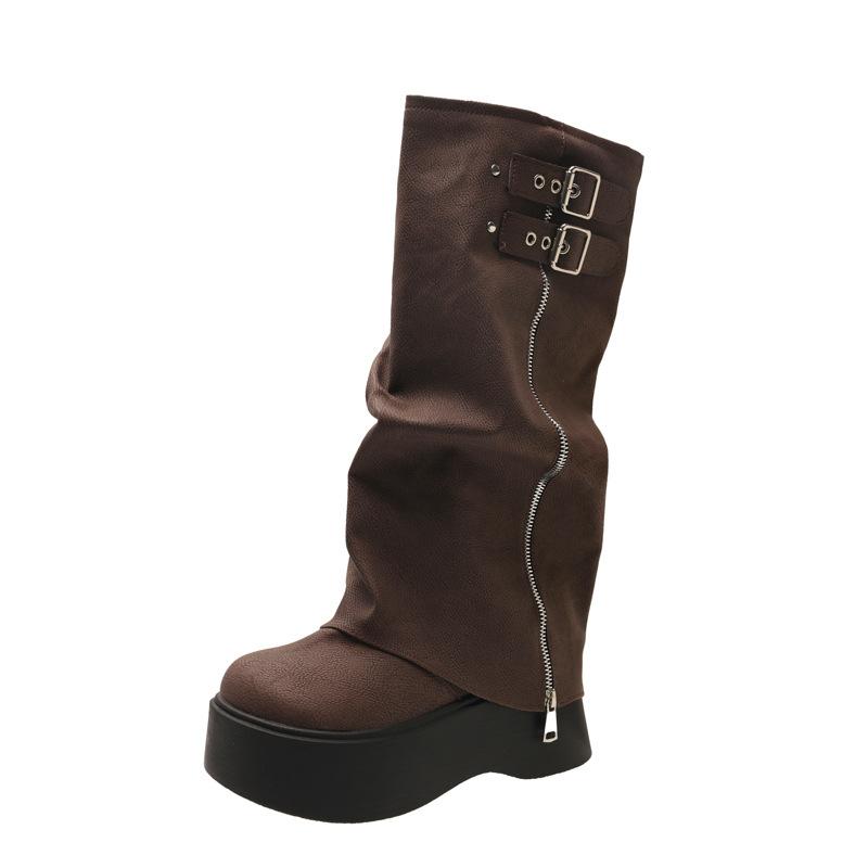 2025 New Retro Round Head Platform Zipper Trouser Boots Women's Versatile Personality Sleeve Western Boots Knight Boots