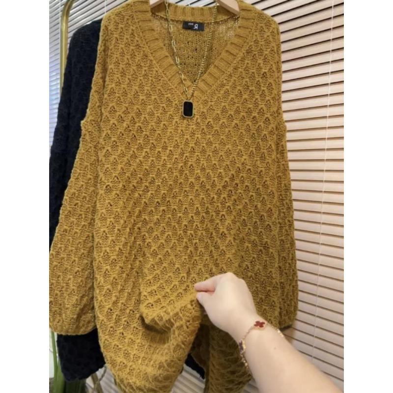 New Autumn and Winter Solid Color V-neck Knitted Mid-length Loose Slimming Casual Bottoming Sweater for Women
