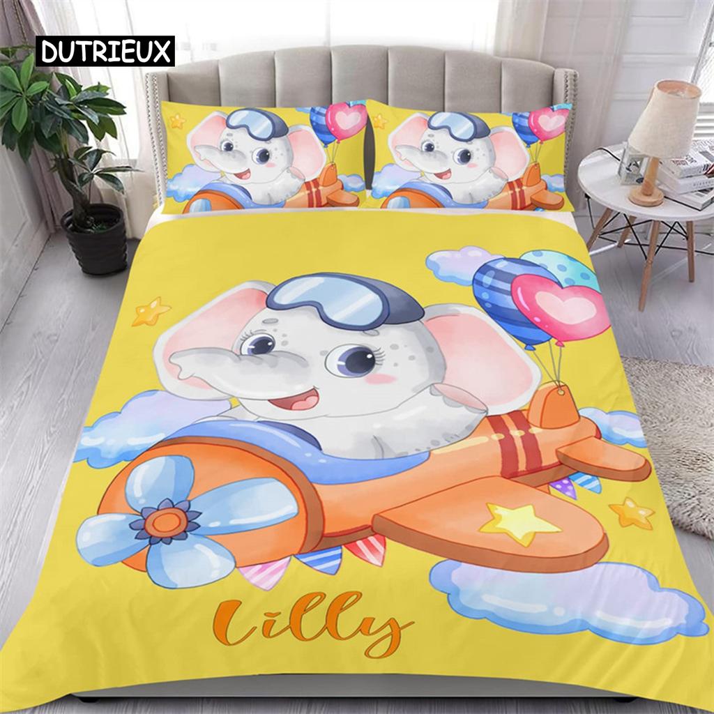Cute Elephant Duvet Cover Set 2/3 Piece Cartoon Animal Bedding Set 3D Floral Comforter Cover Twin Full King For Boys Girls Gift