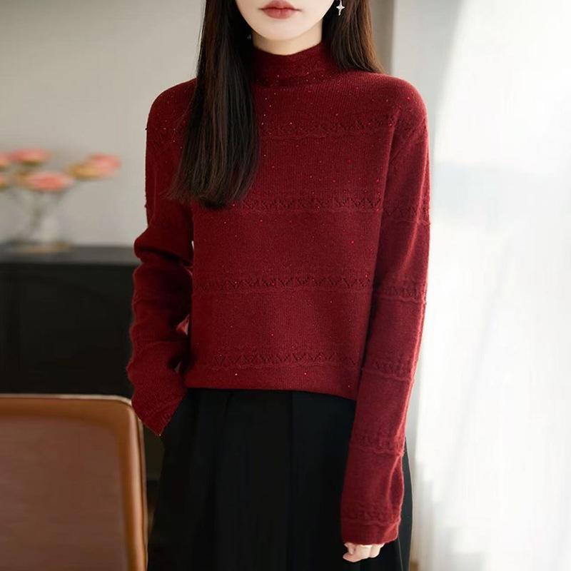Women's Rhinestone Hollow Crochet Half-High Collar Sweater - Autumn/Winter Knitwear Top