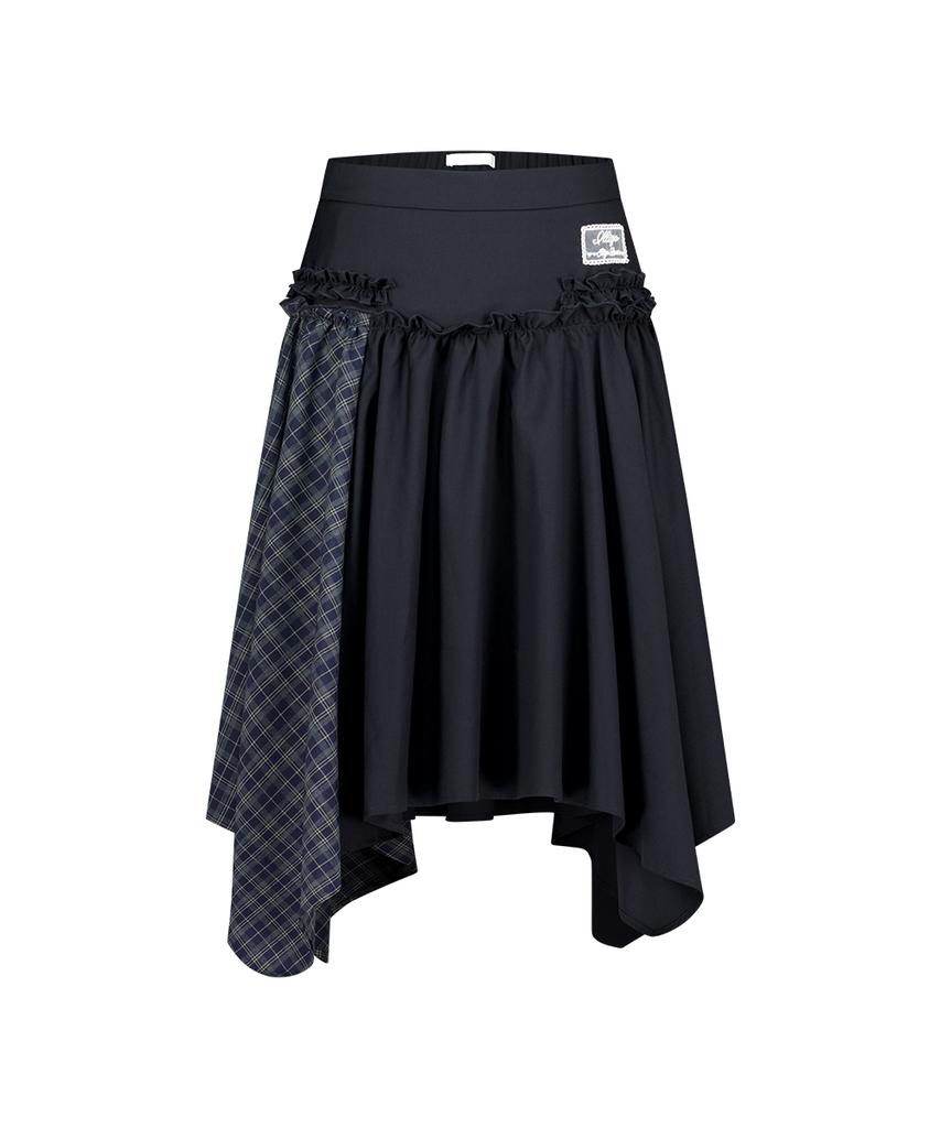 Iligo Check Color Block Midi Skirt Navy