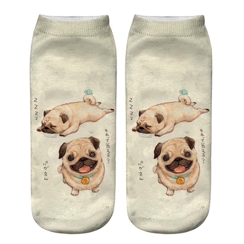 Kawaii 3D Pug Dog Print Short Socks Cotton Fashion Cute Japanese Soft Women Kawaii Animal Dogs Slippers Socks