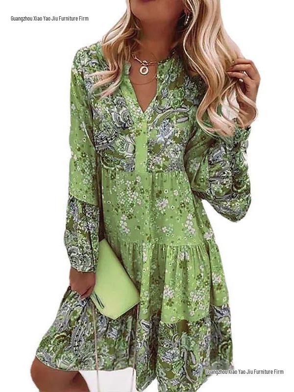 New Summer V-neck Chiffon Pleated Print Dress