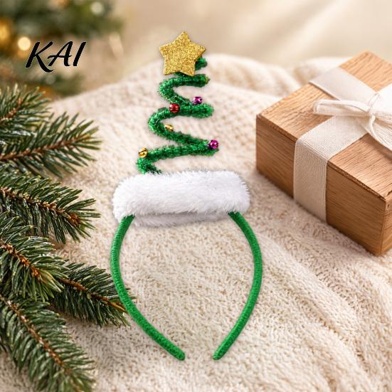 Adjustable Christmas Hair Decor Spiral Tree Headband with Bells Star Pom Pom, Family Gathering Festive Headwear Hoop, Glitter Holiday Costume for Xmas