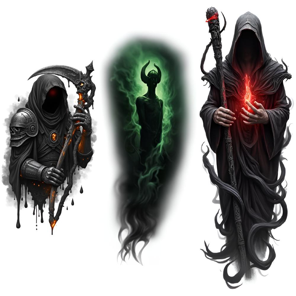 3pcs Temporary Tattoo Waterproof Long-lasting Body Stickers Skeleton Wizard Dark Magician Hooded Mage For Arms Adults Thighs