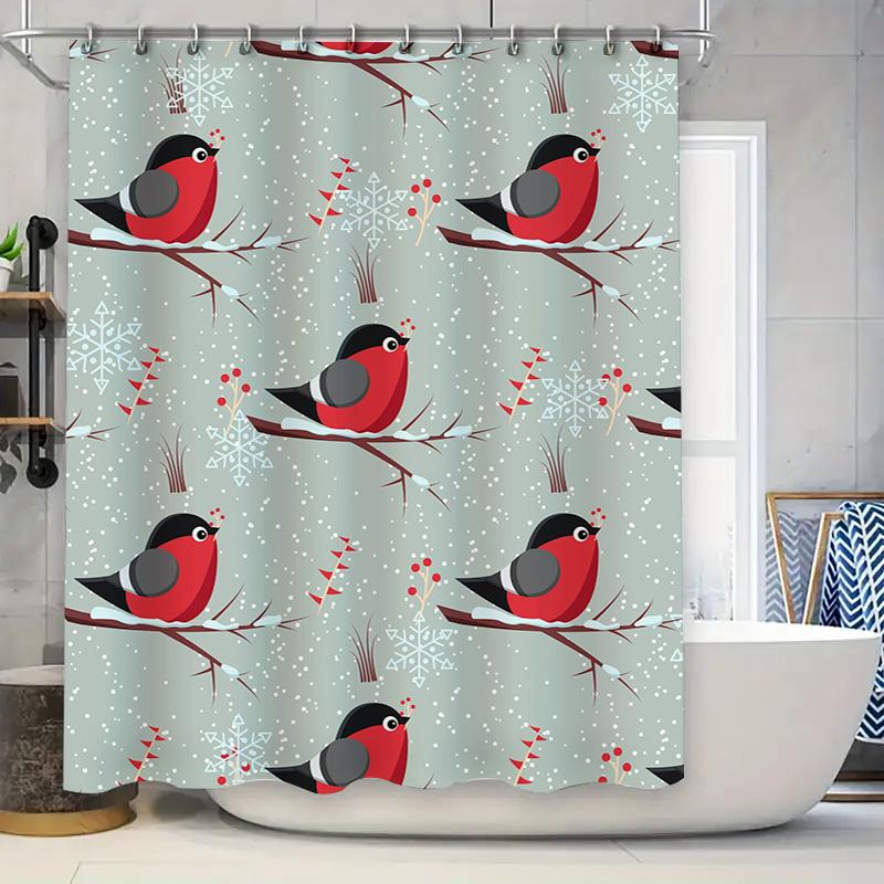 Modern Christmas Decor Shower Curtainred Robin Pattern Snowflake Print Waterproof Fabric Bathroom Decorations Hanging Rod 72X78I