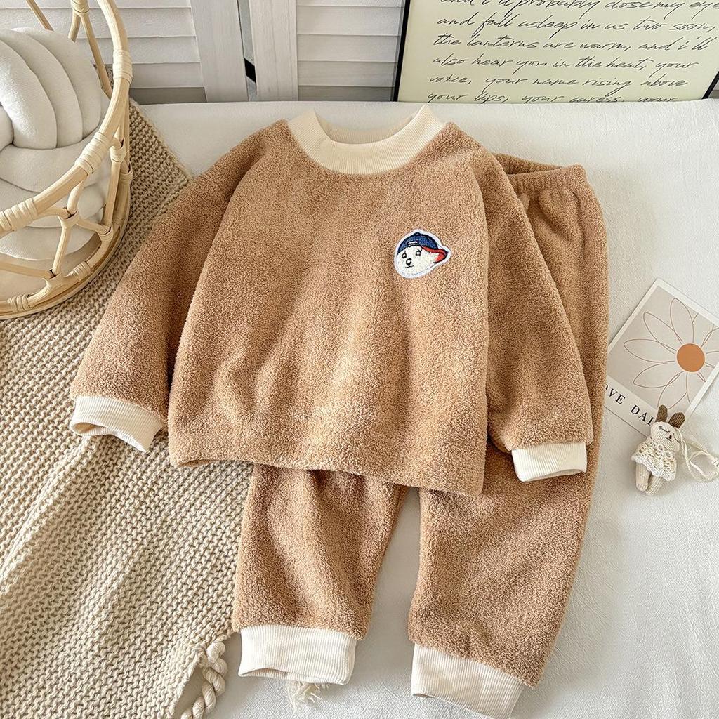 Kids' Korean-Style Velvet Pajama Set for Autumn/Winter - Warm, Double-Sided for Boys & Girls