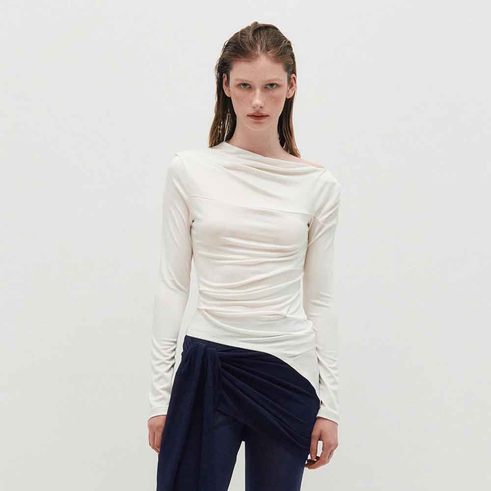 Kimjisu One Shoulder Draped Jersey Top _ White