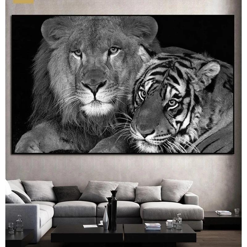 

Дикое животное Настенное искусство Лев Тигр Холст Картина Черный Белый Плакат и Принты Современный Домашний Декор Картина для Гостиной Куадрос
