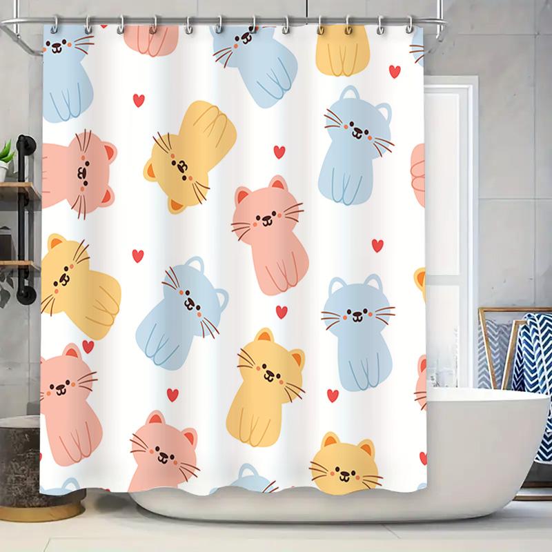 

Adorable Cats Print Shower Curtain Set Blue, Pink Yellow Colors With Love Hearts Pattern For Bathroom Decor W60H190(CM)-1 Pcs