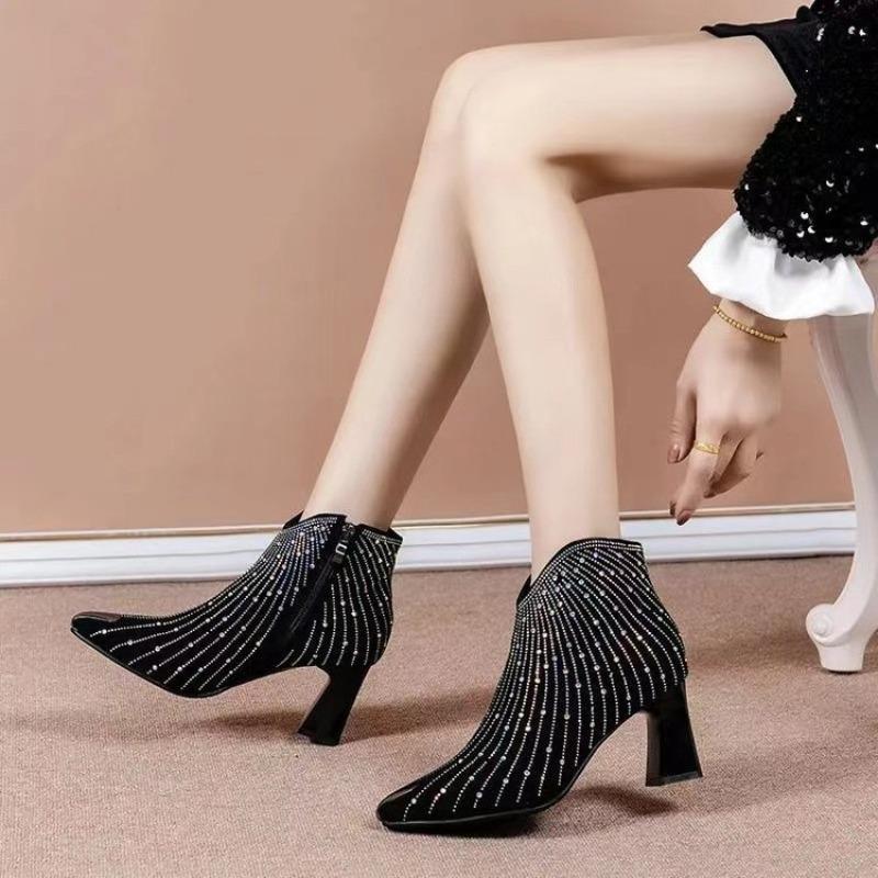 Gypsy rhinestone short boots women's autumn and winter new pointed anti-collision high heels fashion boots side zipper Martin boots