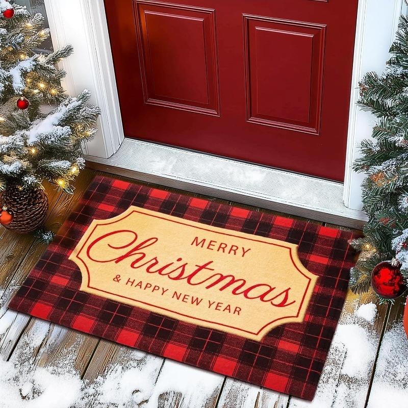 Christmas Themed Door Mat With Festive Patterns Like Candies Christmas Trees Balls Bells Non Slip Welcome Entrance Rug