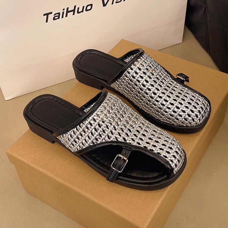 

Сумка с плоским дном, голова, полутапочки женские 2025 лето новый плетеный полый верх, дизайн на одной педали, шлепанцы на перемычке 36 серебряный