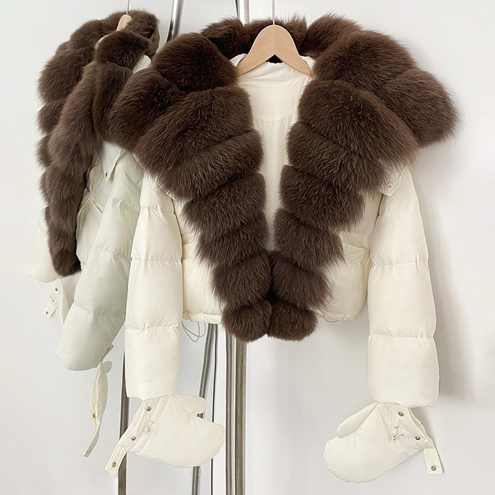 OFTBUY New Winter Top Clothes Women Short Hooded Big Real Fox Fur Down Coat Female Natural Fur Fluffy Puffer Jacket with Gloves