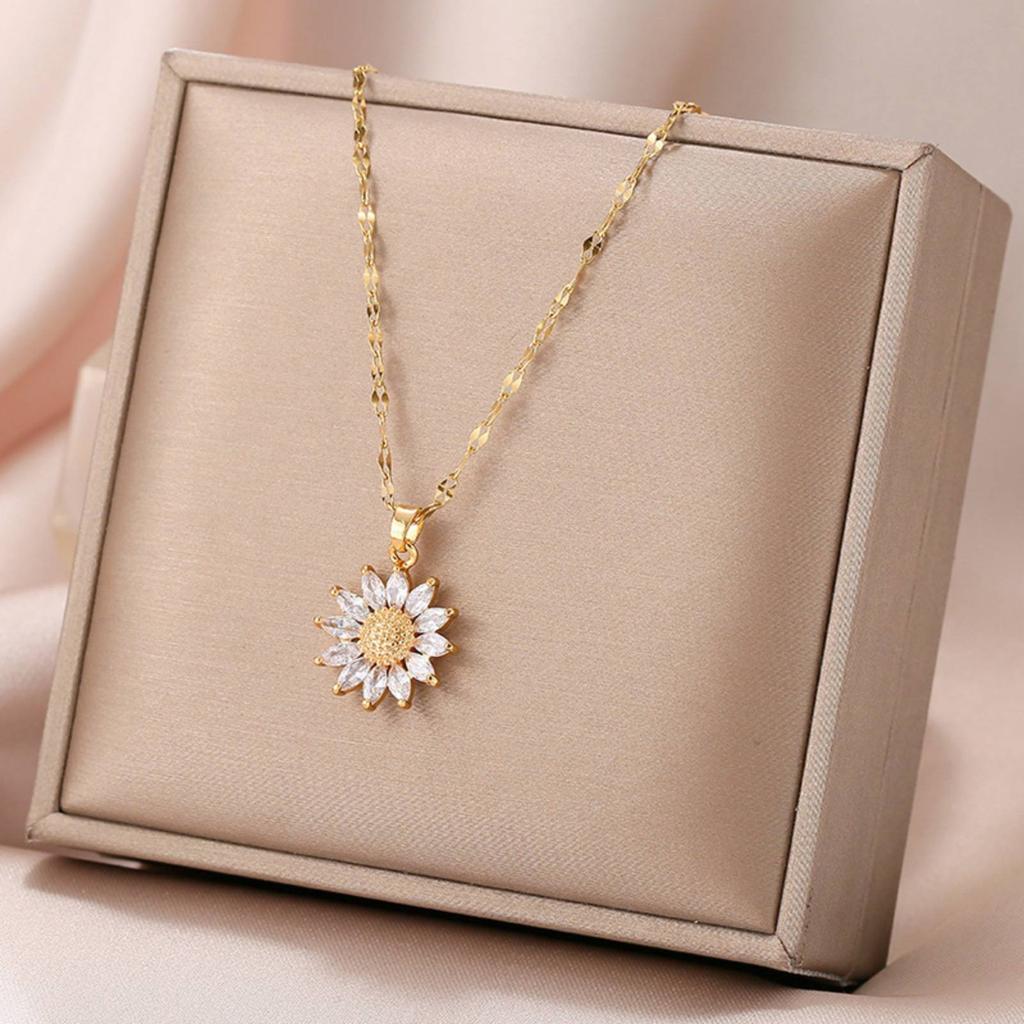 Shiny Sunflower Pendant Necklace for Women Girls Gifts Stainless Steel Jewelry Accessories