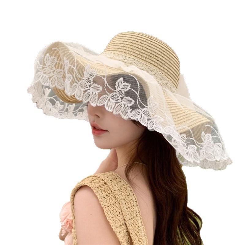 Fashion Bow Lace Straw Hat Women's Sweet and Cute Big Brim Mesh Shade Sunscreen Straw Shade Hat