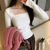 French Square Collar Design Long-sleeved T-shirt for Women Autumn and Winter New Bottoming Shirt Solid Color Tight Waist with Short Top