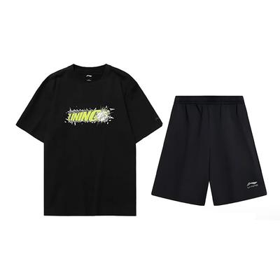 Casual Loose Fit Round Neck Pullover Top And Bottom Sports Set Unisex Sets Black AHSUA03-2+AKSV291-1