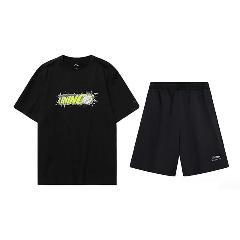 

Li-Ning Повседневный свободный спортивный костюм с круглым вырезом, топ и брюки, унисекс, черный AHSUA03-2+AKSV291-1 S