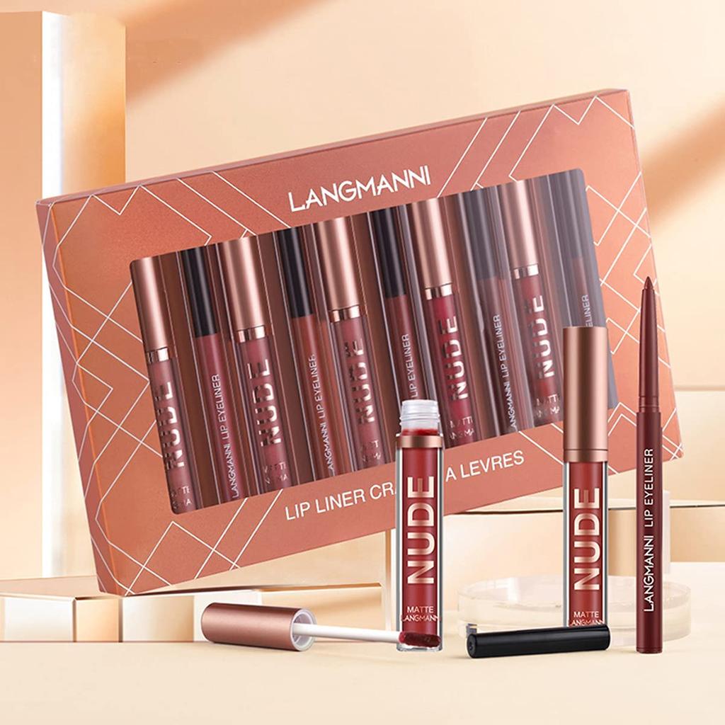 Lipstick Makeup Set 12pcs: 6 Velvet Matte Liquid Lipsticks + 6 Lip Liner Pencils, Waterproof Long-Lasting Pigment Lip Gloss Kit, Lip Makeup Gift
