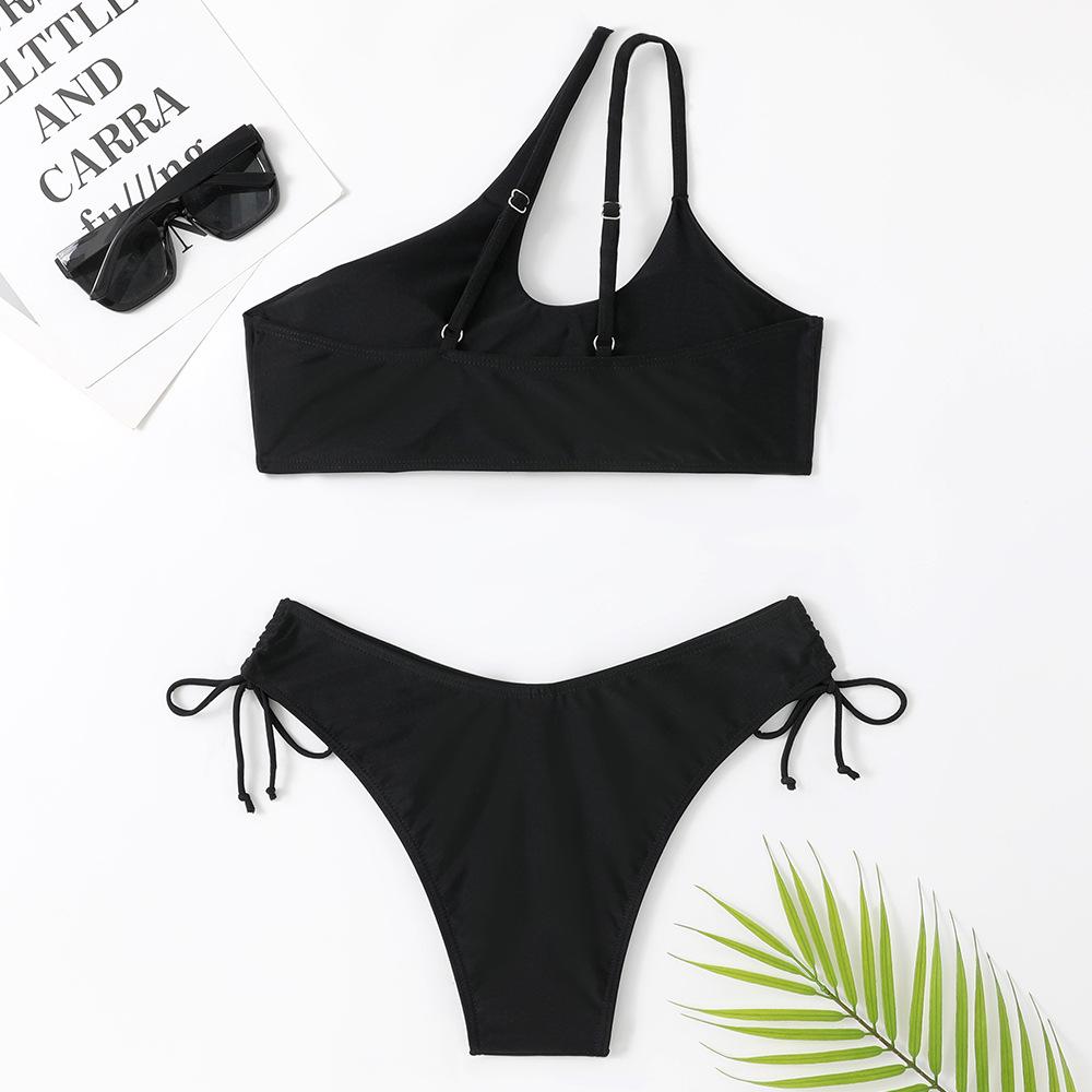 Women's One-Shoulder Solid Color Sexy Two-Piece Bikini Swimsuit