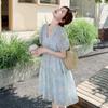 Blue Embroidered V-Neck Summer A-line Doll Dress for Women