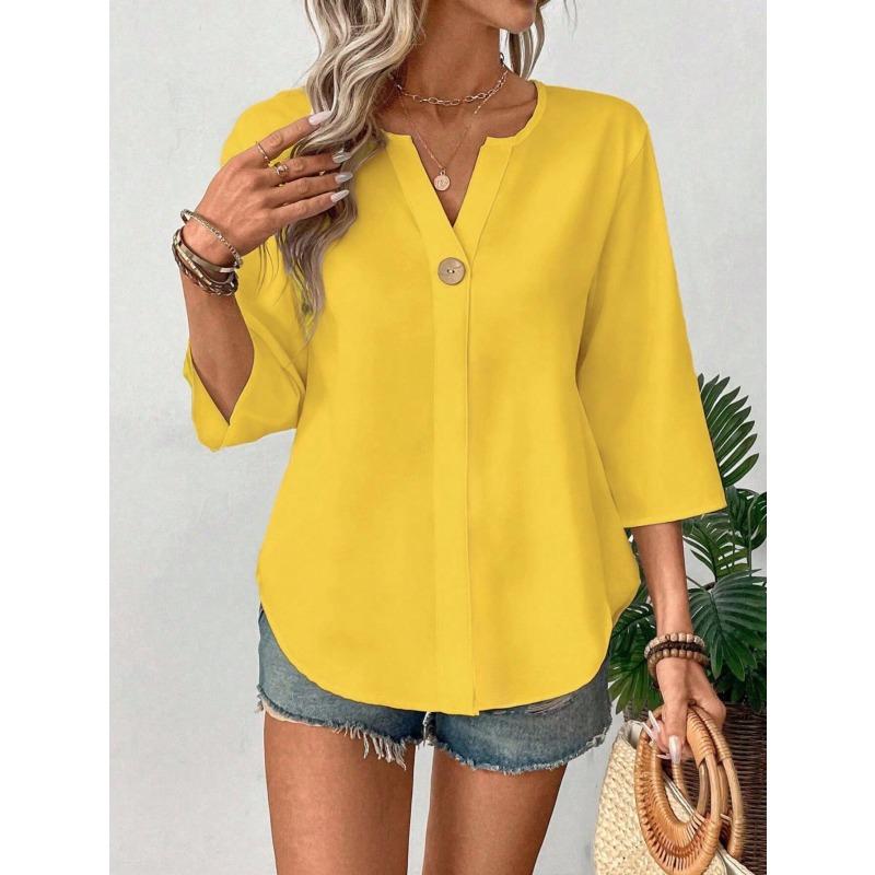 Summer New V-neck Three-quarter Sleeve Loose-fitting Shirt for Women - Solid-colored Striped Casual Business Blouse