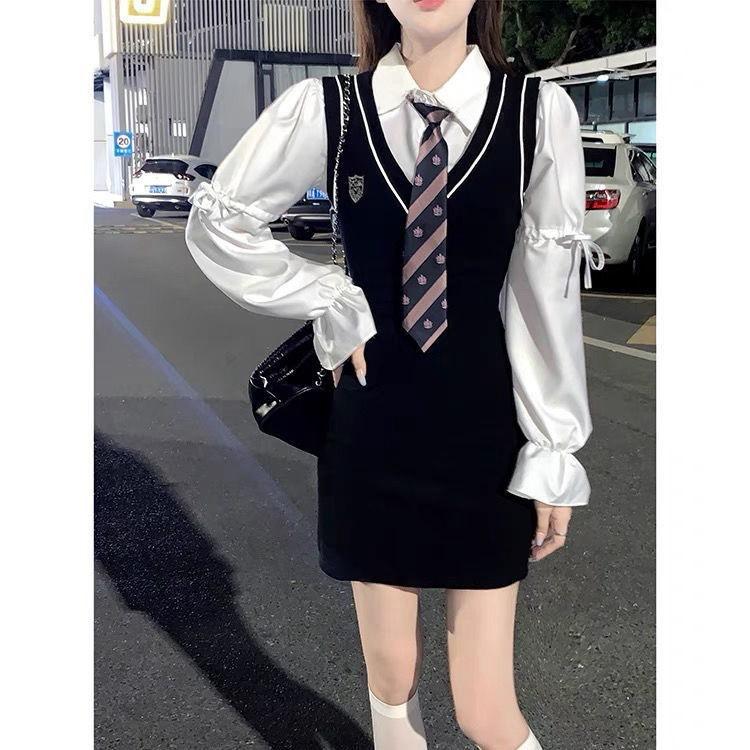 College Style Sweet Strap Dress Spring and Autumn New Spice Girl Fashion Fake Two Skirts