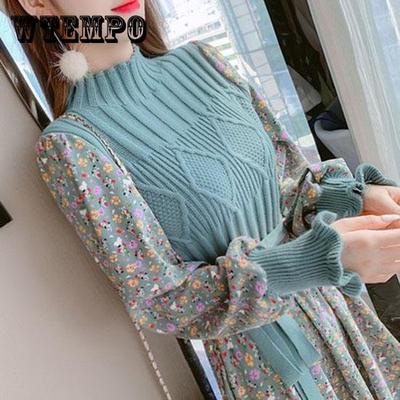 Autumn  Winter Corduroy Dress Women's Knitted Stitching Long-sleeved Long Floral Dress Sweet A-line Dress with Belt