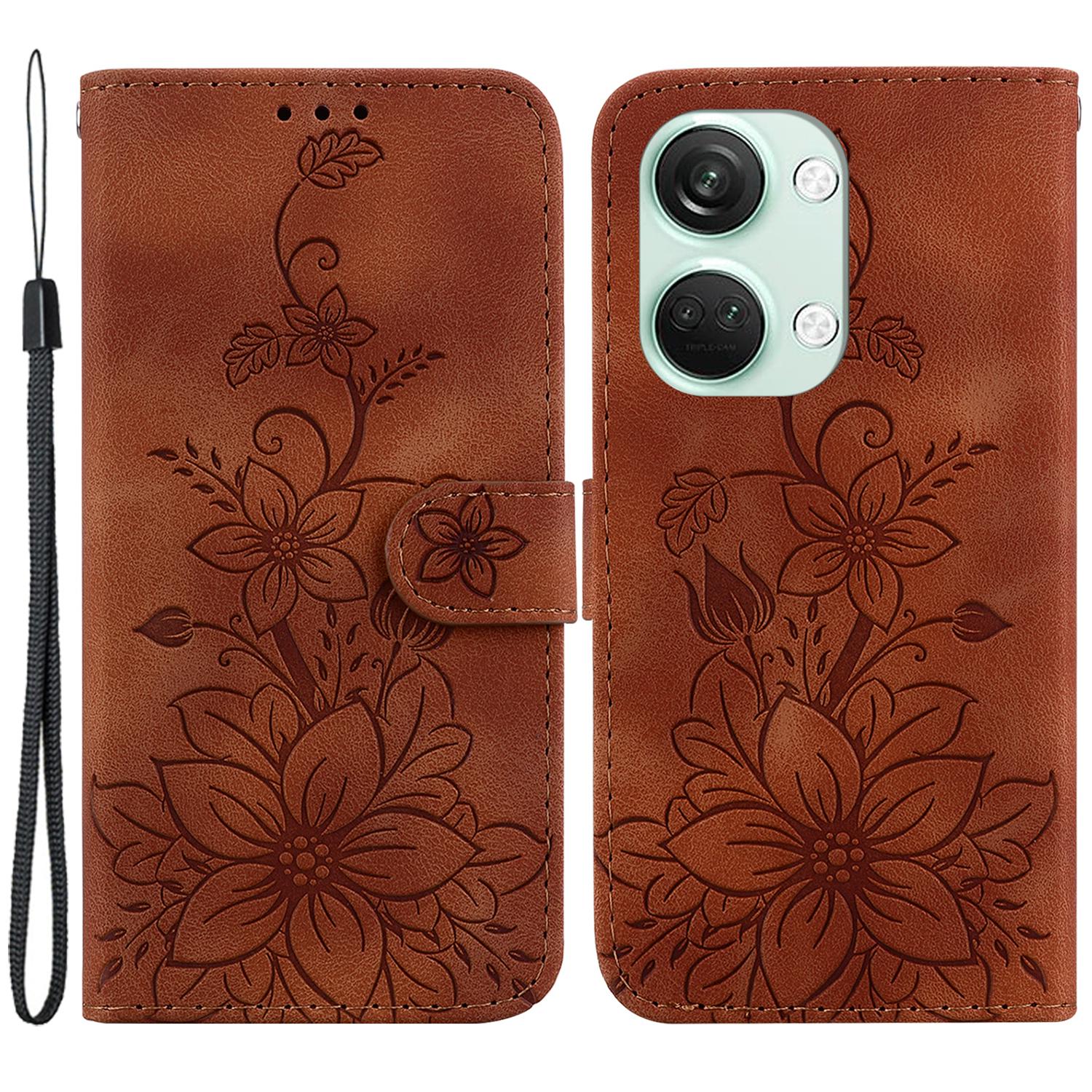 

For OnePlus Nord 3 5G/Ace 2V Stand Wallet Phone Case Imprinted Lily Flower Leather Phone Cover Brown