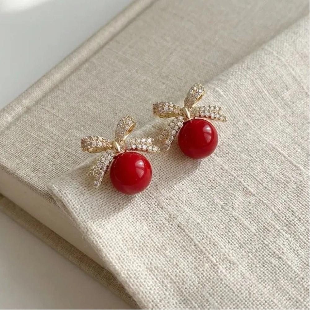 Exquisite Small Bow-knot Pearl Earrings Sparkling Rhinestone Light Luxury Earrings Birthday Gifts