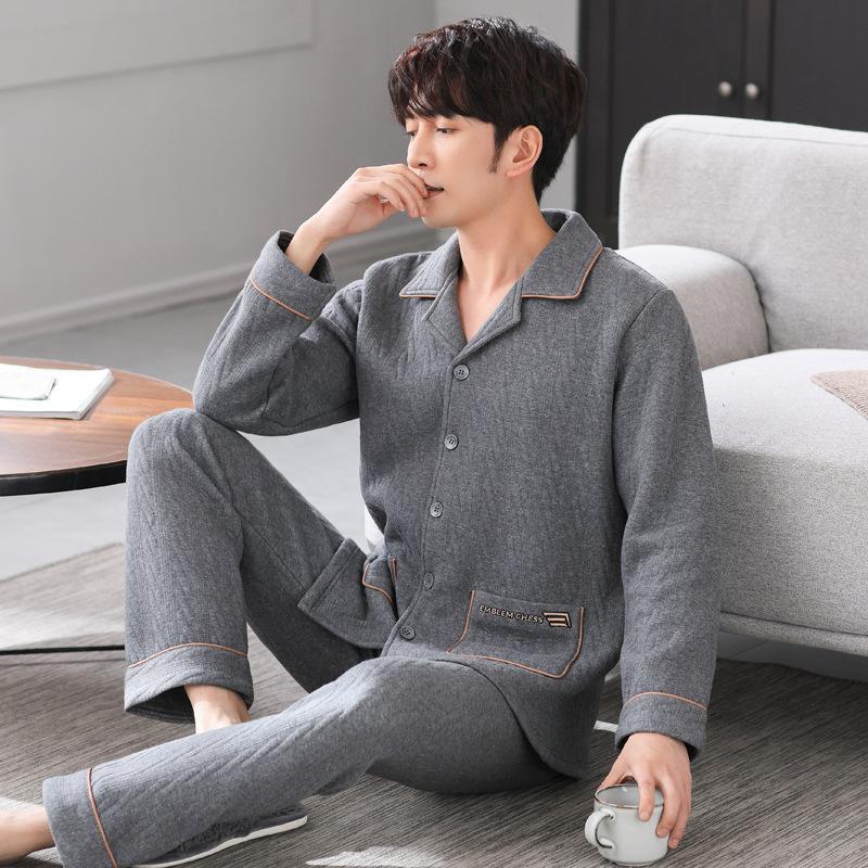 Pajamas Men'S Spring And Autumn Thickened Cotton Long Sleeves Autumn And Winter Thin Cotton Padded Men'S Air Cotton Homewear