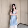 Lace Splicing Plaid Suspender Skirt Dress Women's Summer New Fresh Loose and Thin Fake Two-piece Skirt