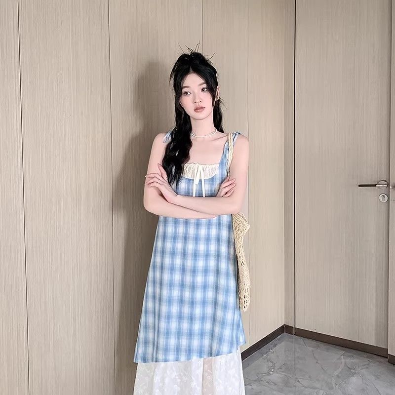 Lace Splicing Plaid Suspender Skirt Dress Women's Summer New Fresh Loose and Thin Fake Two-piece Skirt