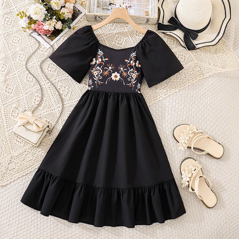 

Girls Fashion Dress Summer Children s Elegant Print Short-Sleeve High-Waisted Sweet Princess Dress 170cm=12Y чорний